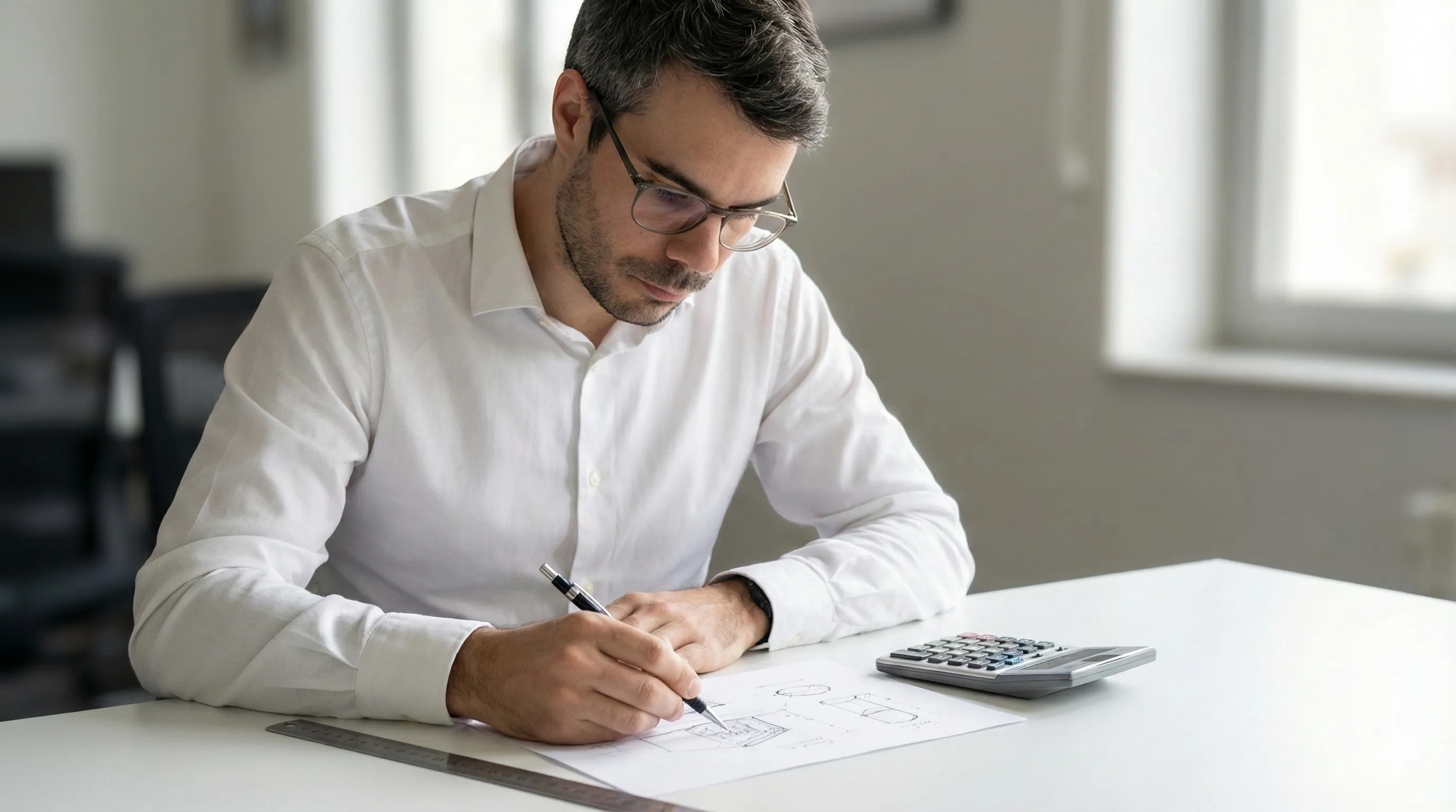 Dessinateur travaillant sur des plans de façade